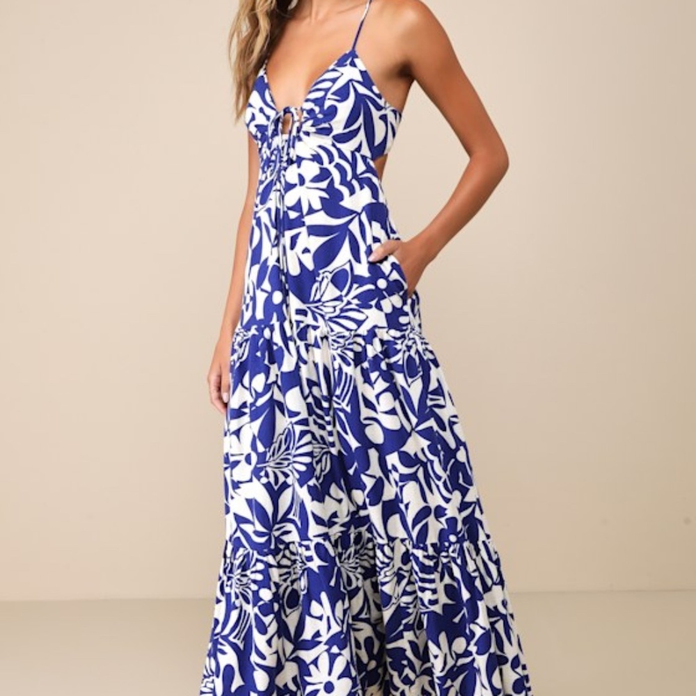 Lulus Mykonos Memories Blue And Ivory Abstract Maxi Dress With Pockets - Size L